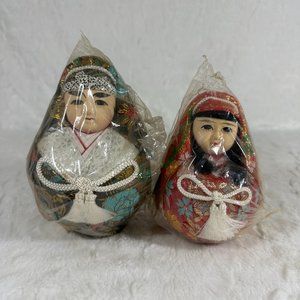 Vtg Japanese Asian Gofun Wedding Dolls Ball Round Bride Groom Set Kimono Brocade